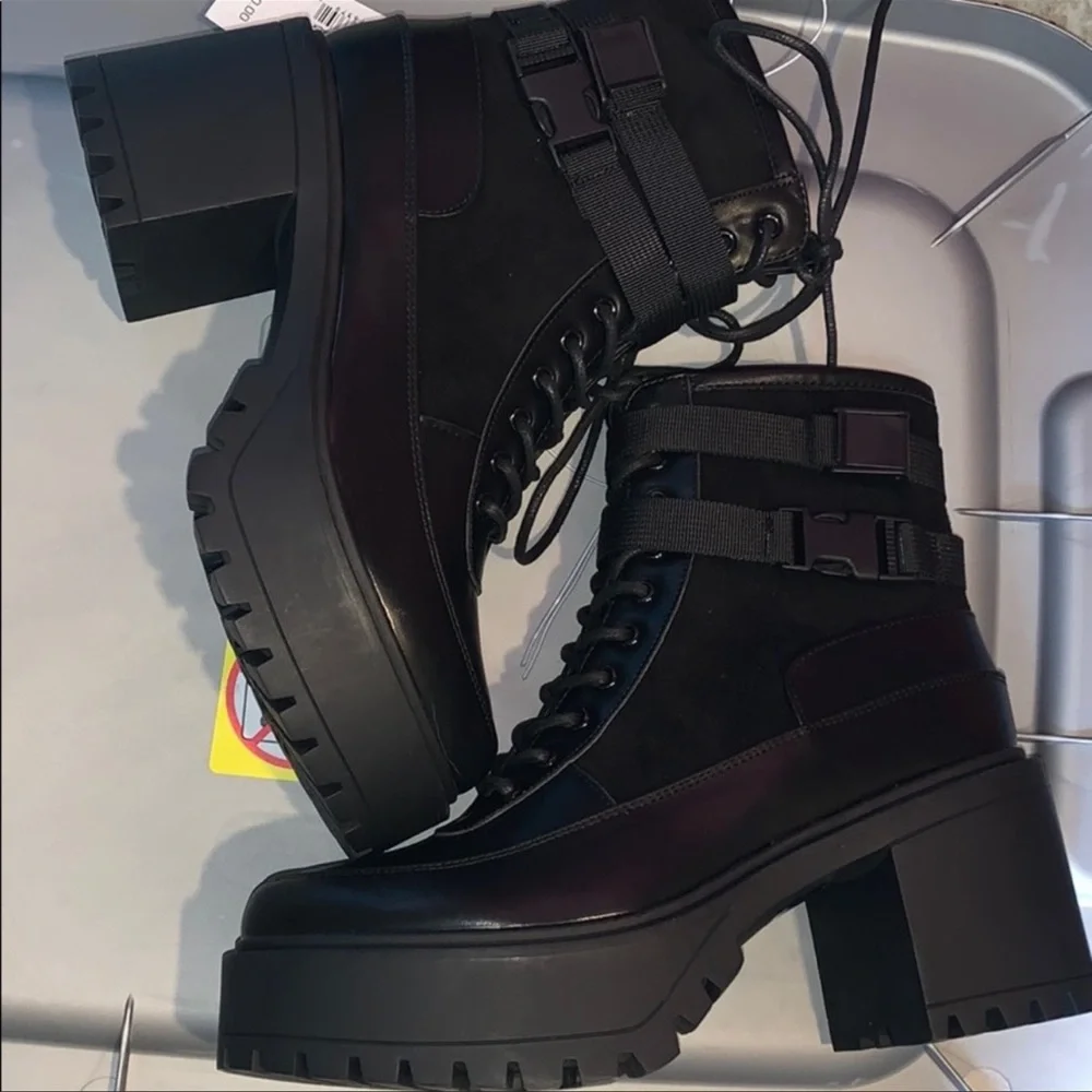 French connection black combat chunky platform lug boots size 10 vegan leather - Picture 2 of 10